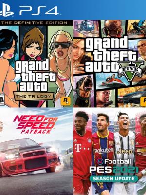3 JUEGOS EN 1 Grand Theft Auto GTA The Trilogy The Definitive Edition mas Grand Theft Auto (GTA) V mas NEED FOR SPEED PAYBACK mas PES 2021 PS4