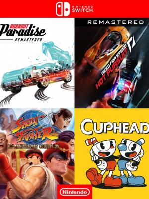 4 juegos en 1 NEED FOR SPEED HOT PURSUIT REMASTERED mas Burnout Paradise Remastered mas CUPHEAD mas Street Fighter 30th Anniversary Collection - NINTENDO SWITCH